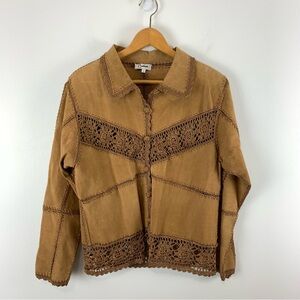Vintage Suede Crochet Trim Button Front Top Size Medium